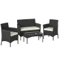 Conjunto Muebles Jardín de Ratán Sintético con Sofá Sillones y Mesa de Vidrio Templado y Cojines Negro y Crema
