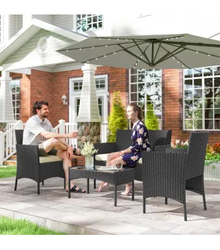 Conjunto Muebles Jardín de Ratán Sintético con Sofá Sillones y Mesa de Vidrio Templado y Cojines Negro y Crema