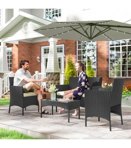 Conjunto Muebles Jardín de Ratán Sintético con Sofá Sillones y Mesa de Vidrio Templado y Cojines Negro y Crema