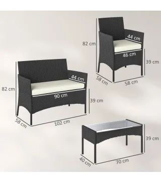 Conjunto Muebles Jardín de Ratán Sintético con Sofá Sillones y Mesa de Vidrio Templado y Cojines Negro y Crema