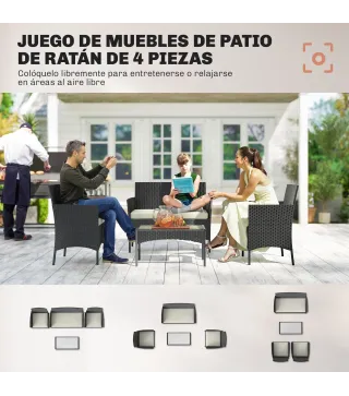 Conjunto Muebles Jardín de Ratán Sintético con Sofá Sillones y Mesa de Vidrio Templado y Cojines Negro y Crema
