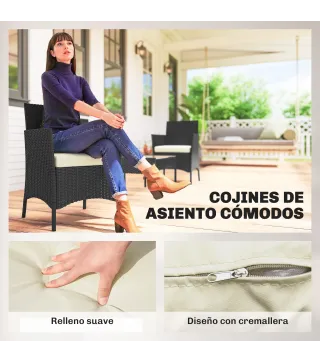 Conjunto Muebles Jardín de Ratán Sintético con Sofá Sillones y Mesa de Vidrio Templado y Cojines Negro y Crema