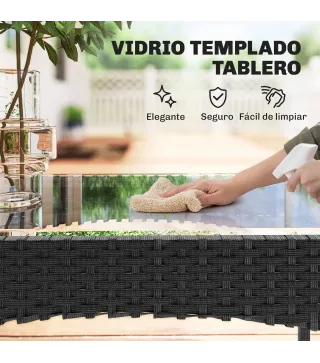 Conjunto Muebles Jardín de Ratán Sintético con Sofá Sillones y Mesa de Vidrio Templado y Cojines Negro y Crema