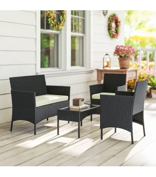 Conjunto Muebles Jardín de Ratán Sintético con Sofá Sillones y Mesa de Vidrio Templado y Cojines Negro y Crema