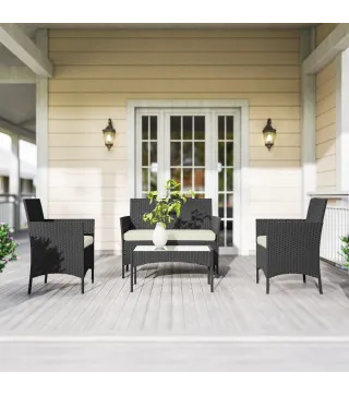 Conjunto Muebles Jardín de Ratán Sintético con Sofá Sillones y Mesa de Vidrio Templado y Cojines Negro y Crema