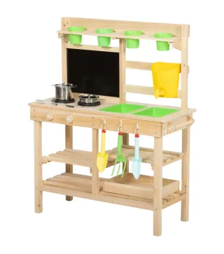 Cocina de Juguete Exterior de Madera con Macetas Fregaderos Grifo Utensilios de Acero Inoxidable Natural