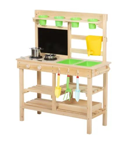 Cocina de Juguete Exterior de Madera con Macetas Fregaderos Grifo Utensilios de Acero Inoxidable Natural