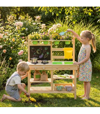 Cocina de Juguete Exterior de Madera con Macetas Fregaderos Grifo Utensilios de Acero Inoxidable Natural