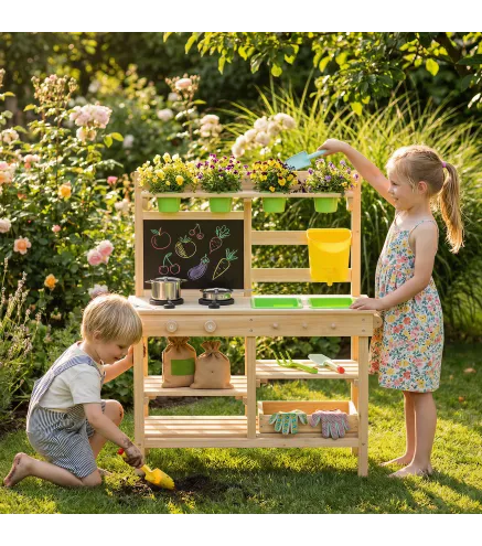 Cocina de Juguete Exterior de Madera con Macetas Fregaderos Grifo Utensilios de Acero Inoxidable Natural
