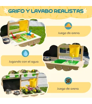 Cocina de Juguete Exterior de Madera con Macetas Fregaderos Grifo Utensilios de Acero Inoxidable Natural