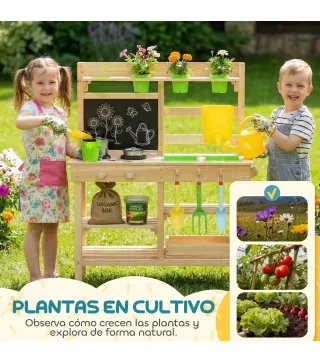 Cocina de Juguete Exterior de Madera con Macetas Fregaderos Grifo Utensilios de Acero Inoxidable Natural