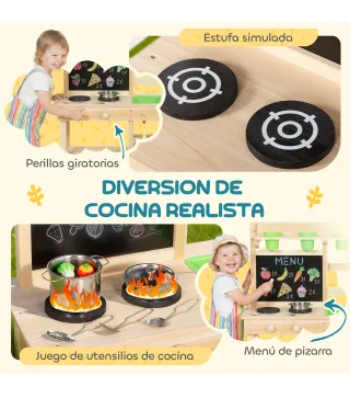 Cocina de Juguete Exterior de Madera con Macetas Fregaderos Grifo Utensilios de Acero Inoxidable Natural