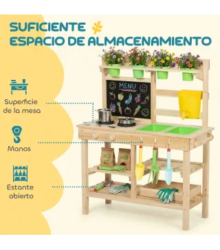 Cocina de Juguete Exterior de Madera con Macetas Fregaderos Grifo Utensilios de Acero Inoxidable Natural