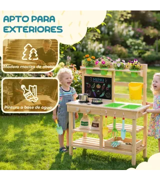 Cocina de Juguete Exterior de Madera con Macetas Fregaderos Grifo Utensilios de Acero Inoxidable Natural