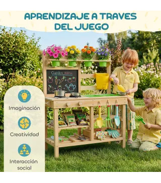 Cocina de Juguete Exterior de Madera con Macetas Fregaderos Grifo Utensilios de Acero Inoxidable Natural