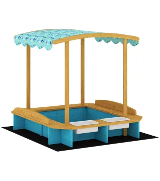 Arenero para Niños de Madera con Techo 3 Bancos 2 Cajas de PP Forro para Niños de 3-6 Años 128x118x121 cm Azul
