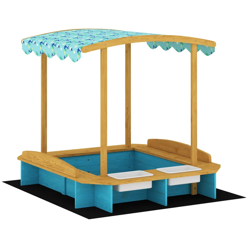 Arenero para Niños de Madera con Techo 3 Bancos 2 Cajas de PP Forro para Niños de 3-6 Años 128x118x121 cm Azul