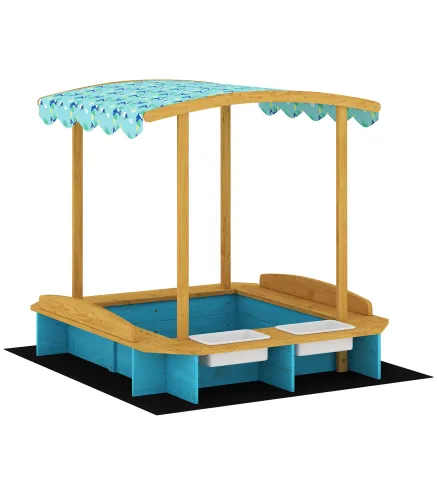 Arenero para Niños de Madera con Techo 3 Bancos 2 Cajas de PP Forro para Niños de 3-6 Años 128x118x121 cm Azul