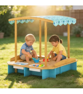 Arenero para Niños de Madera con Techo 3 Bancos 2 Cajas de PP Forro para Niños de 3-6 Años 128x118x121 cm Azul