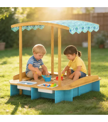 Arenero para Niños de Madera con Techo 3 Bancos 2 Cajas de PP Forro para Niños de 3-6 Años 128x118x121 cm Azul