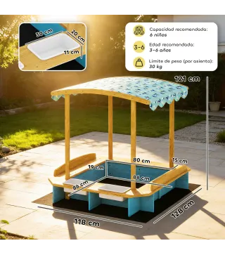 Arenero para Niños de Madera con Techo 3 Bancos 2 Cajas de PP Forro para Niños de 3-6 Años 128x118x121 cm Azul