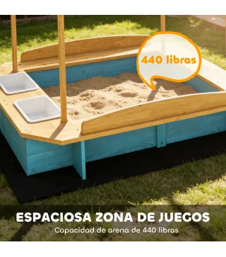 Arenero para Niños de Madera con Techo 3 Bancos 2 Cajas de PP Forro para Niños de 3-6 Años 128x118x121 cm Azul
