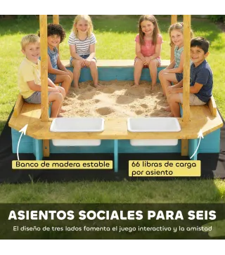Arenero para Niños de Madera con Techo 3 Bancos 2 Cajas de PP Forro para Niños de 3-6 Años 128x118x121 cm Azul