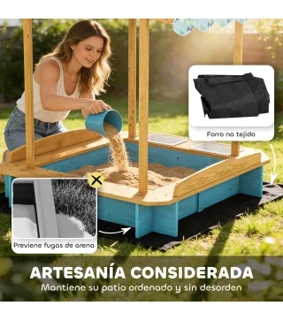 Arenero para Niños de Madera con Techo 3 Bancos 2 Cajas de PP Forro para Niños de 3-6 Años 128x118x121 cm Azul