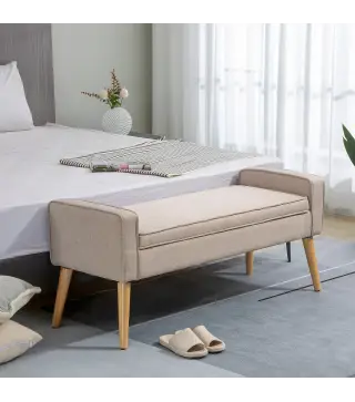 Baúl de Almacenaje Tapizado en Lino con Tapa Abatible y Patas de Madera para Dormitorio Salón 120x45x54 cm Beige