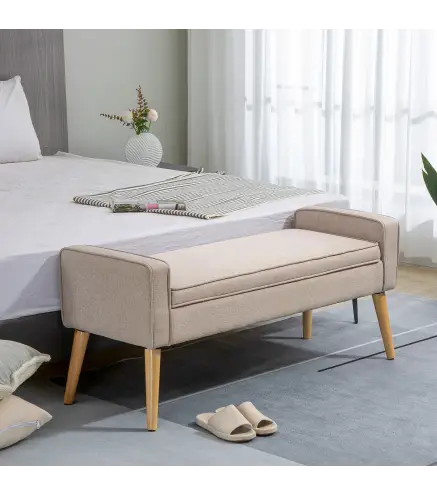 Baúl de Almacenaje Tapizado en Lino con Tapa Abatible y Patas de Madera para Dormitorio Salón 120x45x54 cm Beige