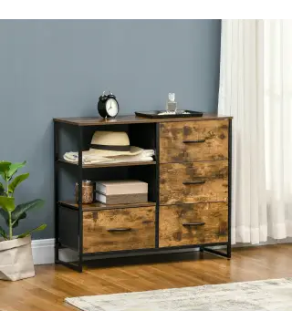 Cómoda de Salón con 4 Cajones de Tela Plegable y 2 Estantes Estilo Industrial 84x30x71,5 cm Marrón Rústico