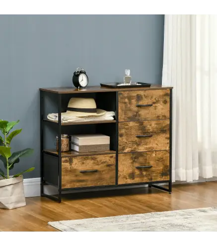 Cómoda de Salón con 4 Cajones de Tela Plegable y 2 Estantes Estilo Industrial 84x30x71,5 cm Marrón Rústico