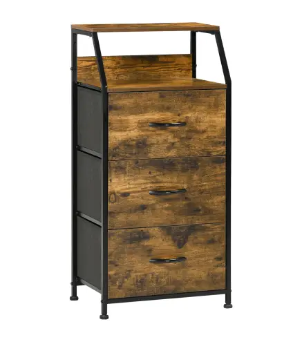 Cajonera con 3 Cajones de Tela Plegable y Estante Abierto Sifonier para Salón Oficina 44x29x92 cm Marrón Rústico