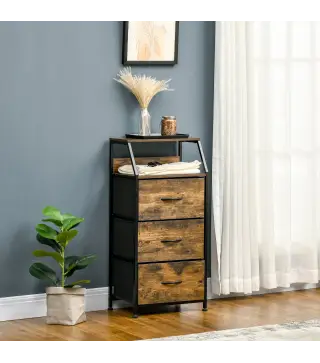 Cajonera con 3 Cajones de Tela Plegable y Estante Abierto Sifonier para Salón Oficina 44x29x92 cm Marrón Rústico