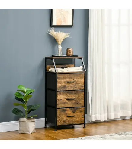 Cajonera con 3 Cajones de Tela Plegable y Estante Abierto Sifonier para Salón Oficina 44x29x92 cm Marrón Rústico