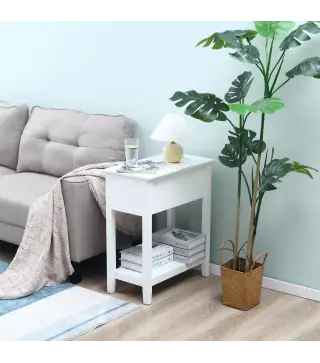 Mesa Auxiliar con Tapa Abatible Estante y Orificio para Cables para Salón Cama Dormitorio 60,5x32,5x70 cm Blanco