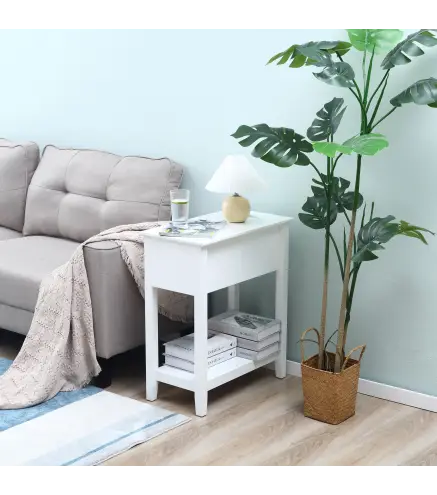 Mesa Auxiliar con Tapa Abatible Estante y Orificio para Cables para Salón Cama Dormitorio 60,5x32,5x70 cm Blanco