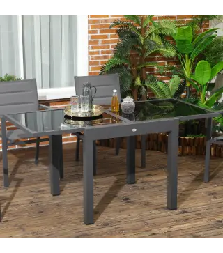 Mesa de Jardín Extensible de Aluminio Mesa Rectangular con Encimera de Vidrio Templado para Terraza 80-160x80x75cm Negro