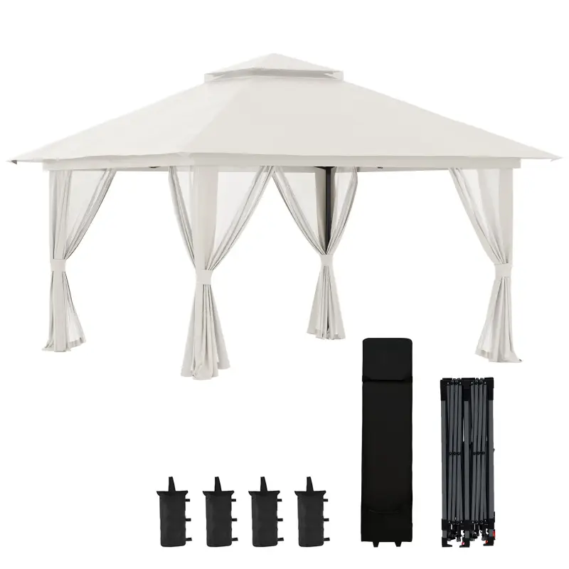 Carpa Plegable Pop-up con Altura Ajustable Protección UV50+ Doble Techo y Mosquiteras 4x4x2,8 m Crema Carpa Plegable Pop-up con Altura Ajustable Protección UV50+ Doble Techo y Mosquiteras 4x4x2,8 m Crema