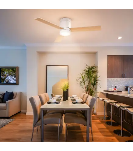 Ventilador de Techo Motor AC 48W con Luz LED Mando a Distancia 3 Velocidades y 3 Aspas de Madera Ø112x25 cm Blanco