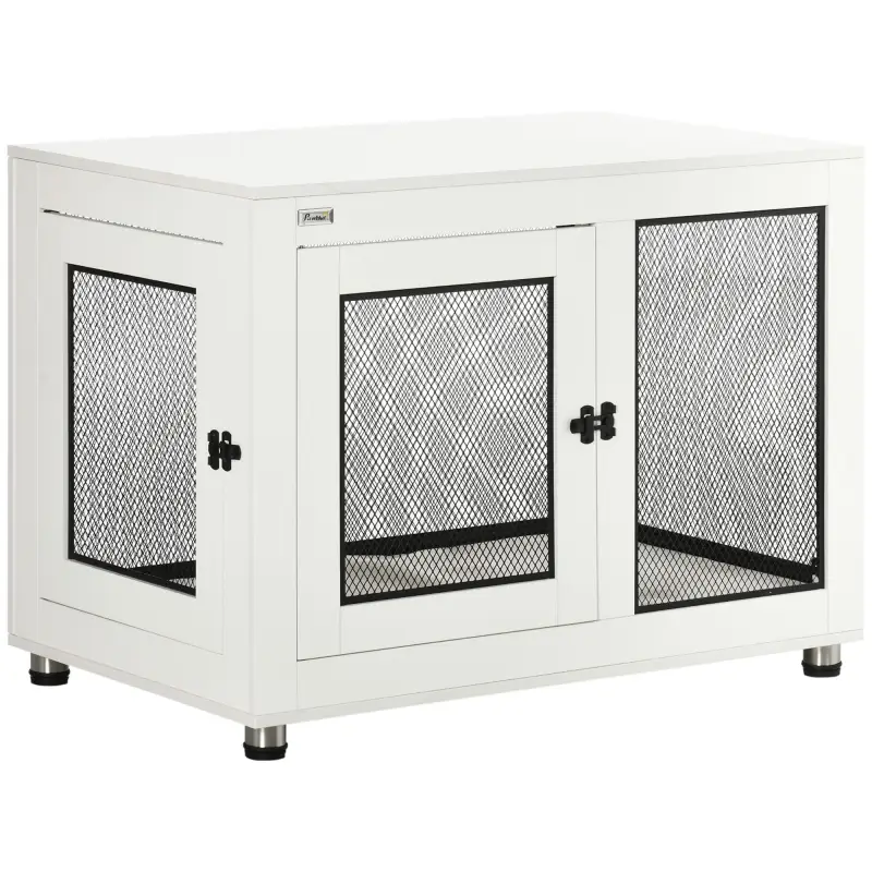 Jaula para Perros Medianos de Interior Mesa Auxiliar con 2 Puertas con Pestillo y Cojín 94x60x71,5 cm Blanco