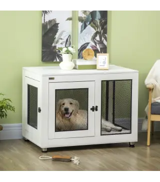 Jaula para Perros Medianos de Interior Mesa Auxiliar con 2 Puertas con Pestillo y Cojín 94x60x71,5 cm Blanco