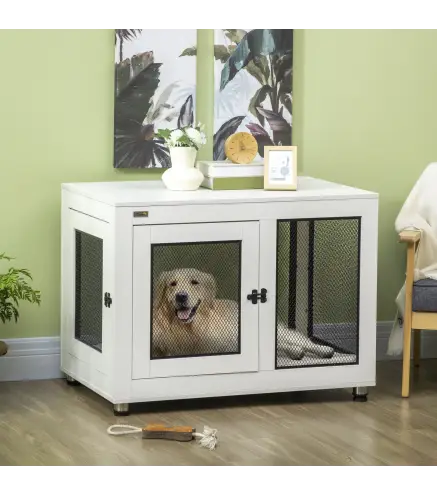 Jaula para Perros Medianos de Interior Mesa Auxiliar con 2 Puertas con Pestillo y Cojín 94x60x71,5 cm Blanco