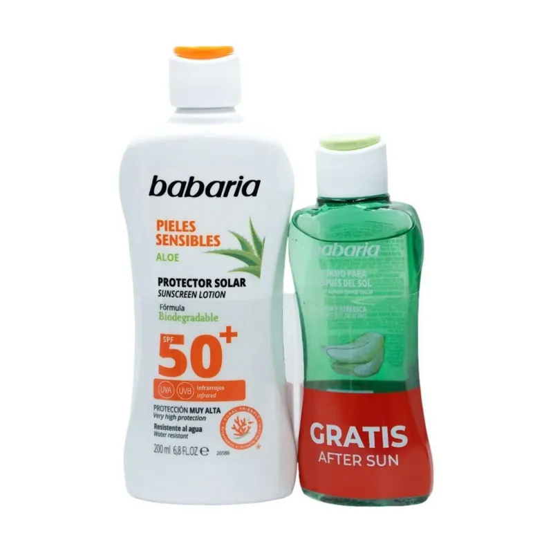 BABARIA ALOE PROTECTOR SOLAR SPF50+ PIEL SENSIBLE RESISTENTE AL AGUA 200ML + BALSAMO AFTER SUN 1U BABARIA ALOE PROTECTOR SOLAR SPF50+ PIEL SENSIBLE RESISTENTE AL AGUA 200ML + BALSAMO AFTER SUN 1U