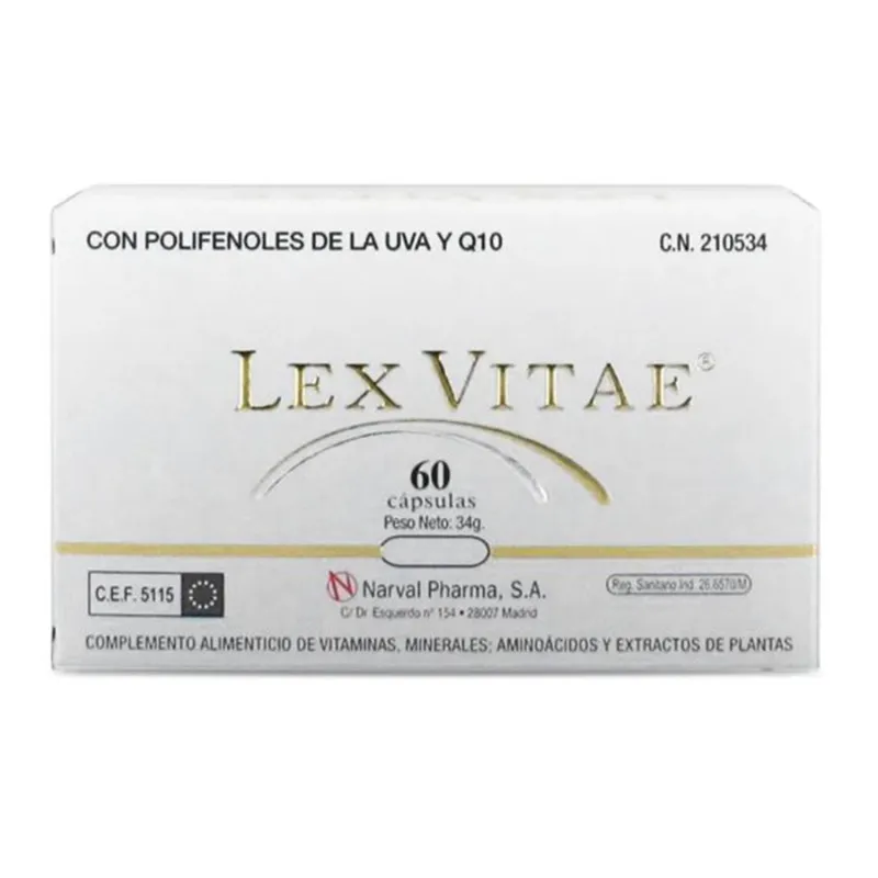 LEX VITAE Q10 Y POLIFENOLES DE UVA COMPLEMENTO ALIMENTICIO DE VITAMINAS 60UN LEX VITAE Q10 Y POLIFENOLES DE UVA COMPLEMENTO ALIMENTICIO DE VITAMINAS 60UN