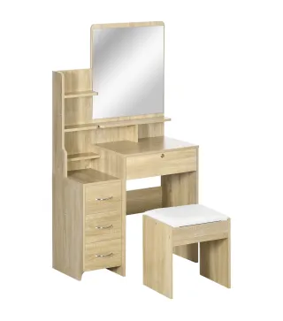 Tocador de Maquillaje con Taburete Espejo 4 Cajones 4 Compartimientos Estilo Moderno 80x38x143 cm Natural