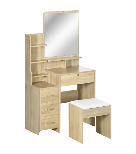 Tocador de Maquillaje con Taburete Espejo 4 Cajones 4 Compartimientos Estilo Moderno 80x38x143 cm Natural