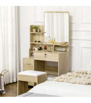 Tocador de Maquillaje con Taburete Espejo 4 Cajones 4 Compartimientos Estilo Moderno 80x38x143 cm Natural