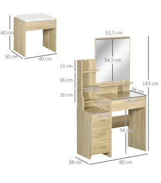 Tocador de Maquillaje con Taburete Espejo 4 Cajones 4 Compartimientos Estilo Moderno 80x38x143 cm Natural