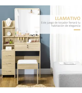 Tocador de Maquillaje con Taburete Espejo 4 Cajones 4 Compartimientos Estilo Moderno 80x38x143 cm Natural